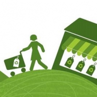 Illustration tout en vert d'un personnage faisant ses courses dans une épicerie proposant des produits uniquement recyclables